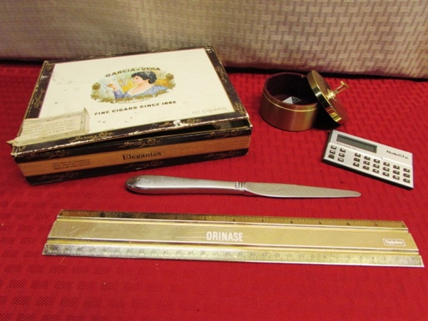 OFFICE SUPPLIES!  VINTAGE CHICAGO AUTOMATIC SHARPENER CO. PENCIL SHARPENER,  LEATHER FOLDER, LAZY SUSAN CADDY & MORE