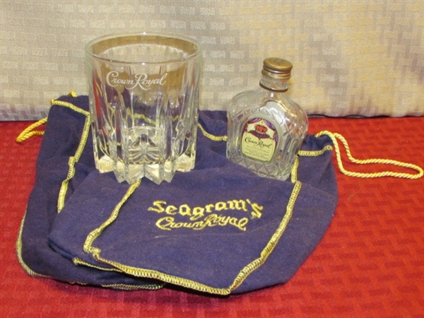EVENING COCKTAILS?  VINTAGE LEATHER & GLASS DECANTER, ETCHED SHOT GLASSES & ITALIAN CROWN ROYAL GLASS