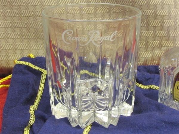 EVENING COCKTAILS?  VINTAGE LEATHER & GLASS DECANTER, ETCHED SHOT GLASSES & ITALIAN CROWN ROYAL GLASS