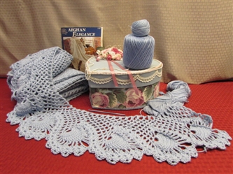 CAN YOU FINISH THIS COZY AFGHAN BEFORE FALL?  WELL MADE CROCHET AFGHAN, INSTRUCTIONS, STORAGE BOX & MORE