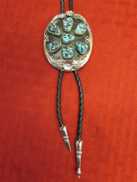 TWO HANDSOME WESTERN BOLO TIES - INLAID GENUINE TURQUOISE & HORSE HEAD EMBELLISHED 