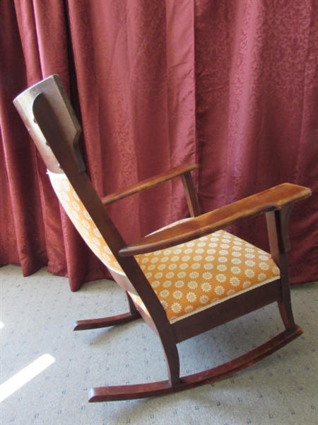 ROCK IN COMFORT!  ANTIQUE UPHOLSTERED ROCKING CHAIR WITH FOOT STOOL