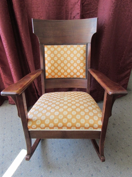 ROCK IN COMFORT!  ANTIQUE UPHOLSTERED ROCKING CHAIR WITH FOOT STOOL