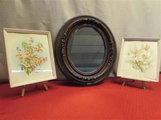 STUNNING OVAL MIRROR WITH DIMENSIONAL EMBELLISHED FRAME & TWO COLLECTIBLE IBFCO FLORAL PRINTS