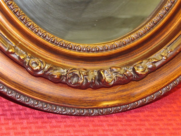 STUNNING OVAL MIRROR WITH DIMENSIONAL EMBELLISHED FRAME & TWO COLLECTIBLE IBFCO FLORAL PRINTS