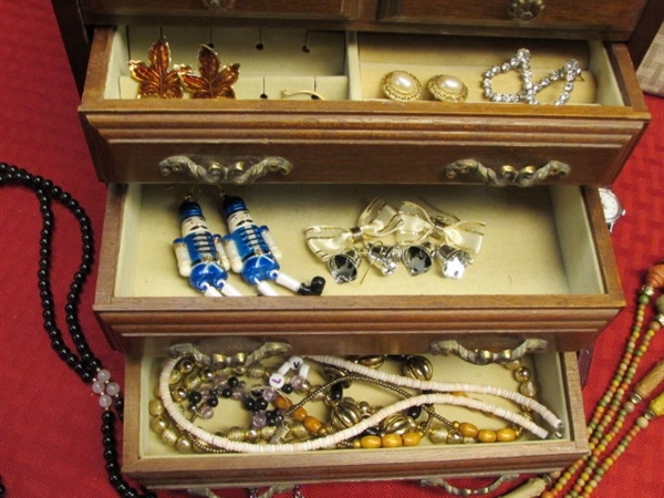 JEWELRY BOX FULL OF JEWELS - REAL PEARL, BRILLIANT GEM STONES, INLAID ABALONE, GLASS, 14K GOLD FILLED, WOOD . . . .