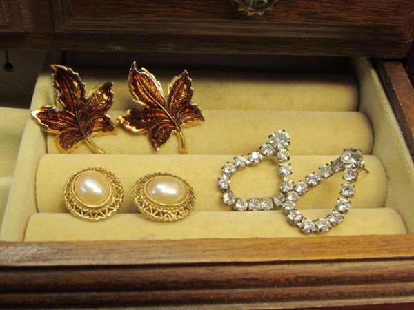 JEWELRY BOX FULL OF JEWELS - REAL PEARL, BRILLIANT GEM STONES, INLAID ABALONE, GLASS, 14K GOLD FILLED, WOOD . . . .