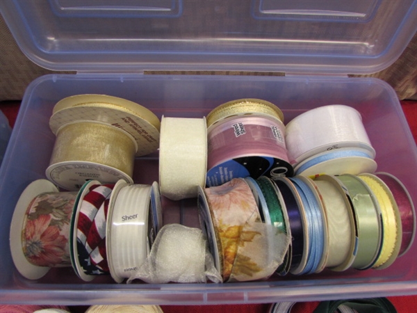 TWO STORAGE CONTAINERS FULL OF RIBBON, LACE, FINE COTTON CROCHET THREAD & MORE