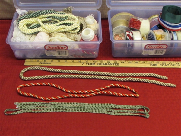 TWO STORAGE CONTAINERS FULL OF RIBBON, LACE, FINE COTTON CROCHET THREAD & MORE