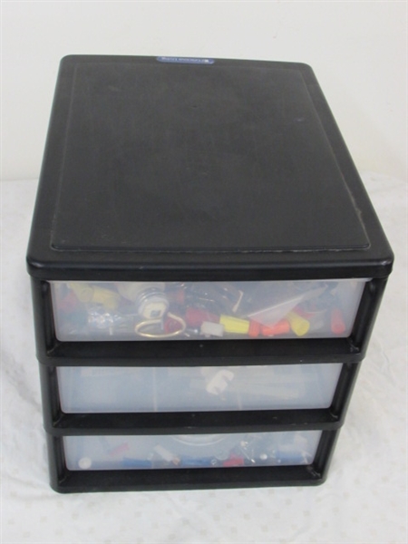 THREE DRAWER PLASTIC GRACIOUS LIVING TOOL BOX WITH ASSORTED TOOLS