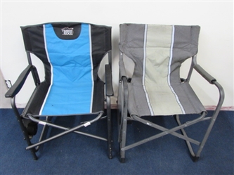 RELAX IN STYLE IN THESE TWO FABRIC  FOLD UP  CHAIRS WITH SIDE TRAYS