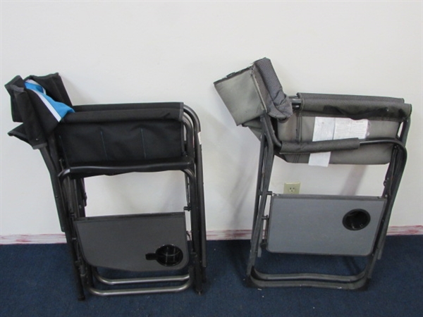 RELAX IN STYLE IN THESE TWO FABRIC  FOLD UP  CHAIRS WITH SIDE TRAYS