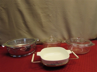 NOW YOURE COOKIN!  PYREX & CORNING BAKE WARE & TWO  CASSEROLE CARRIERS