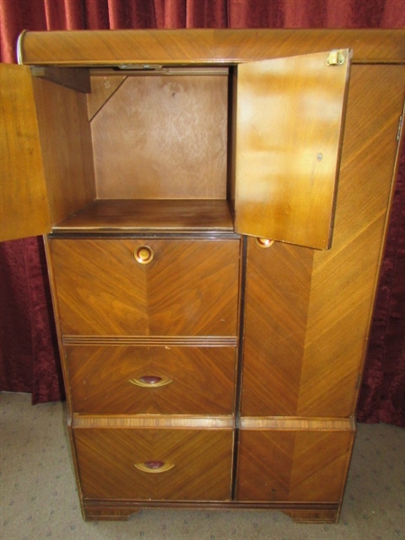 STATELY ANTIQUE WATERFALL WARDROBE WITH DROP FRONT DESK SECTION. 
