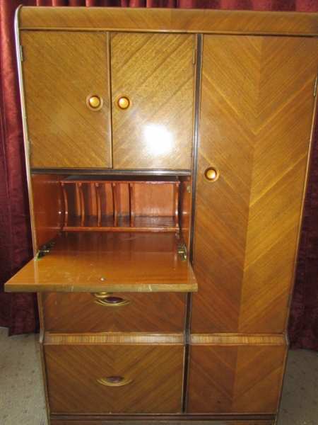 STATELY ANTIQUE WATERFALL WARDROBE WITH DROP FRONT DESK SECTION. 