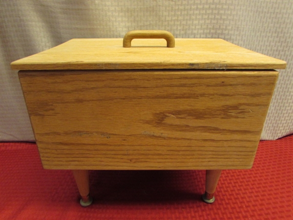 SOLID OAK SEWING BOX W/ REMOVABLE TRAY & LID, FULL OF LACE, CROCHET HOOKS, STENCILS BUTTONS, POWER SCISSORS & . . . .
