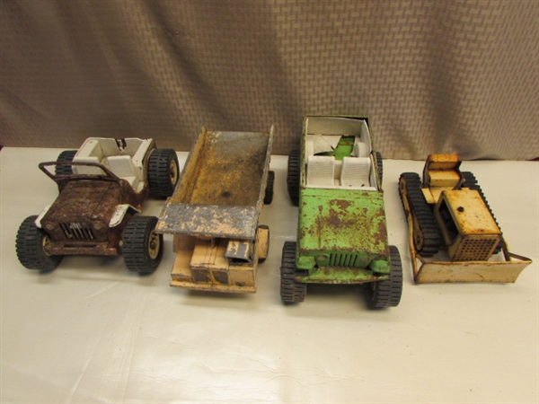 VINTAGE COLLECTIBLE TONKA JEEP, JEEPSTER, DOZER & ERTL. CO HAY HAULER - WELL LOVED!