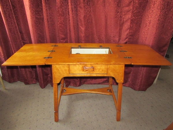 GORGEOUS SCANDINAVIAN STYLE SOLID MAPLE SEWING CABINET WITH NICE KENMORE SEWING MACHINE