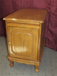 CUTE WOOD SIDE TABLE WITH CUPBOARD & PULL OUT SHELF