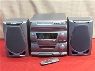 EMERSON COMPACT STEREO WITH 3 DISC CHANGER, CASSETTES,  REMOTE & SPEAKERS 