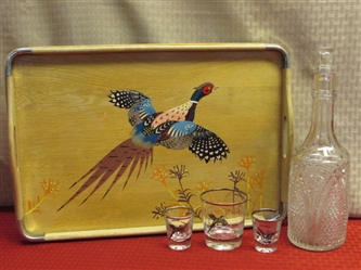 BIRDS OF A FEATHER-VINTAGE HAND PAINTED PHEASANT SERVING TRAY, CUT GLASS DECANTER & 3 BIRD GLASSES