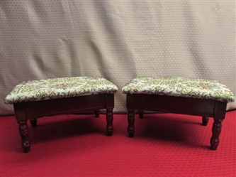 TWO CUTE FOOT STOOLS WITH HIDDEN STORAGE & UPHOLSTERED TOPS