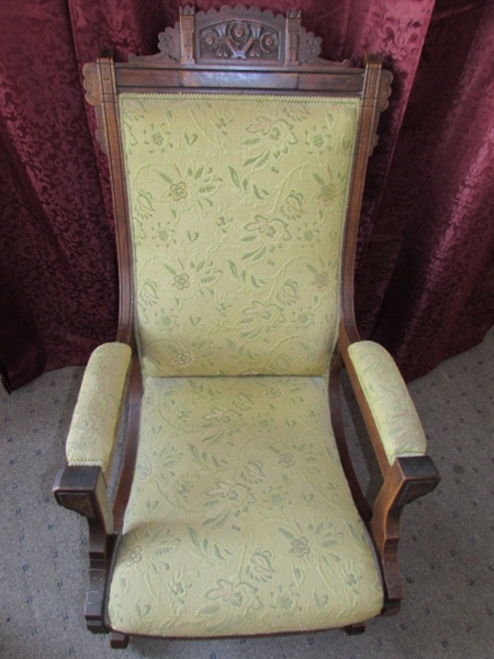 Lot Detail - ANTIQUE UPHOLSTERED CARVED WOOD ROCKING CHAIR