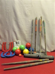 OUTDOOR FUN!  BOCCE BALL, HORSESHOES & VINTAGE OAK CROQUET MALLETS & STAKES