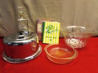 CAKE & PUNCH!  VINTAGE GLASS & CHROME CAKE PLATE, INDIANA GLASS PUNCH BOWL, GLASS DECANTER & MORE