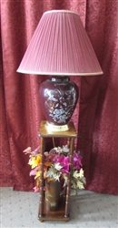 MINI WOOD STAND WITH PRETTY LAMP & CARVED WOODEN VASE