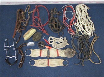 A VARIETY OF HORSE TACK ROPE HALTERS, BITS, GROOMING TOOLS, REINS, HOBBLES, ETC. 