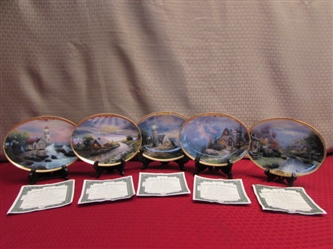 LIMITED EDITION THOMAS KINKADE "SCENES OF SERENITY" PLATES 1-4 & "LAMPLIGHT BROOK" PLATE, 22K GOLD DETAILS!