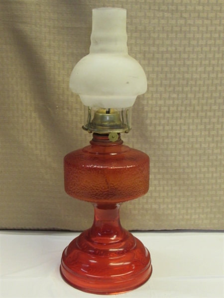 EXQUISITE ANTIQUE  RUBY RED P&A HURRICANE LAMP WITH FROSTED GLOBE