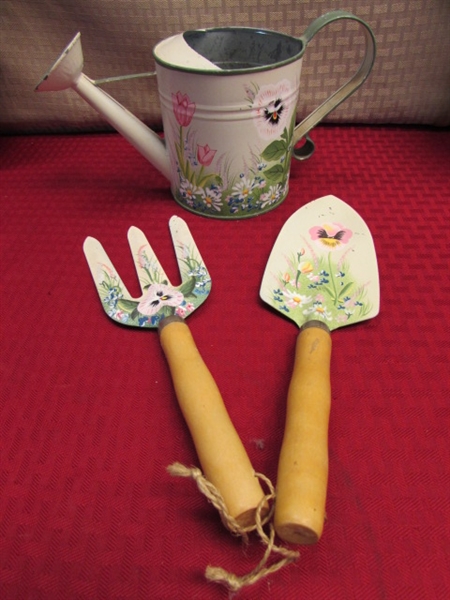 HAND PAINTED & EMBOSSED WATERING CANS,  CULTIVATOR, VINTAGE TIN CANISTERS  & S&P SHAKERS & …..