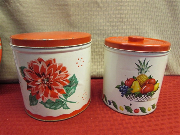 HAND PAINTED & EMBOSSED WATERING CANS,  CULTIVATOR, VINTAGE TIN CANISTERS  & S&P SHAKERS & …..