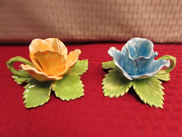 NEW & SO BEAUTIFUL-GLAZED CERAMIC ROSE CANDLE HOLDERS MADE IN PORTUGAL, TABLE CLOTH & NAPKINS & HIS & HERS ROBE HOOKS