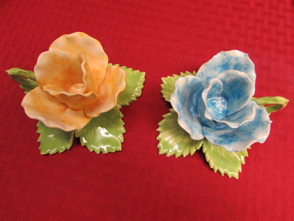 NEW & SO BEAUTIFUL-GLAZED CERAMIC ROSE CANDLE HOLDERS MADE IN PORTUGAL, TABLE CLOTH & NAPKINS & HIS & HERS ROBE HOOKS
