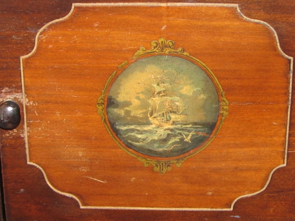 WONDERFUL ANTIQUE HUMIDOR/SIDE TABLE WITH SHIP PAINTED ON DOOR