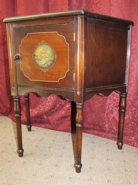 WONDERFUL ANTIQUE HUMIDOR/SIDE TABLE WITH SHIP PAINTED ON DOOR
