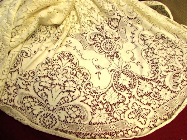 LACE TABLECLOTH, RELISH DISH, LOTS OF UTENSILS, MARBLE CHEESE SLICER, SILVER PLATE TRAY & MORE 