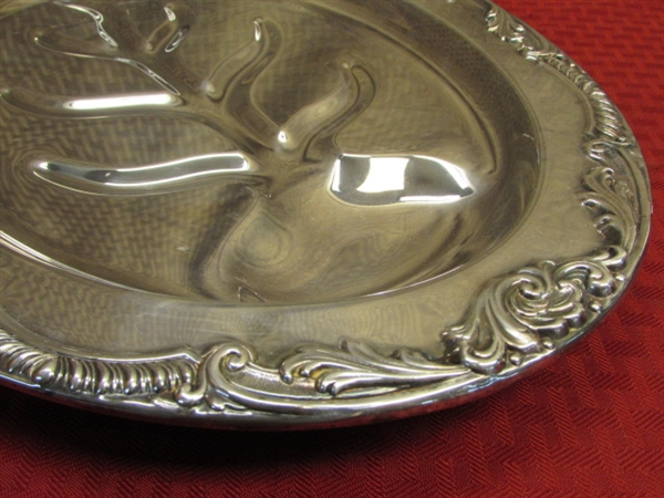 GORGEOUS VINTAGE SILVER PLATE SERVING DISHES- MEAT CARVING TRAY, OVAL DISH & COVERED CASSEROLE DISH 