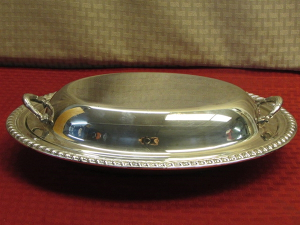 GORGEOUS VINTAGE SILVER PLATE SERVING DISHES- MEAT CARVING TRAY, OVAL DISH & COVERED CASSEROLE DISH 