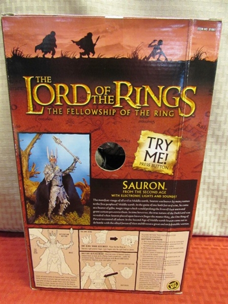 COLLECTIBLE LORD OF THE RINGS ACTION FIGURES-NIB ELECTRONIC SAURON, LEGOLAS, GIMLEY, FRODO & SAM IN BOAT & MORE!