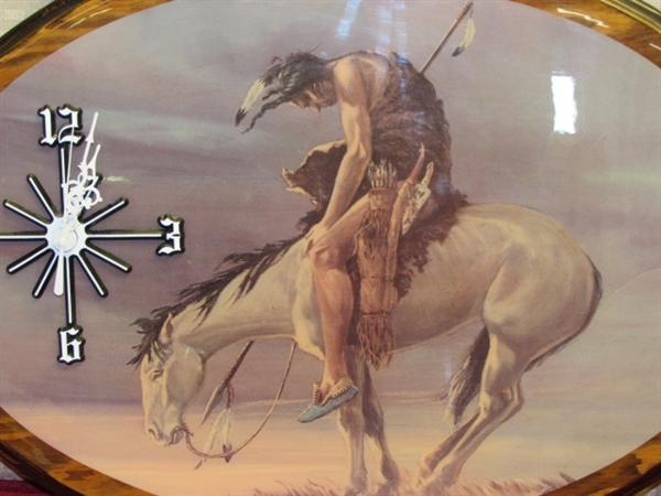 BEAUTIFUL NATIVE AMERICAN DÉCOR-WARRIOR ON HORSEBACK WALL CLOCK, COLLECTIBLE PLATE & TWO PRETTY DOLLS WITH HANDMADE DRESSES