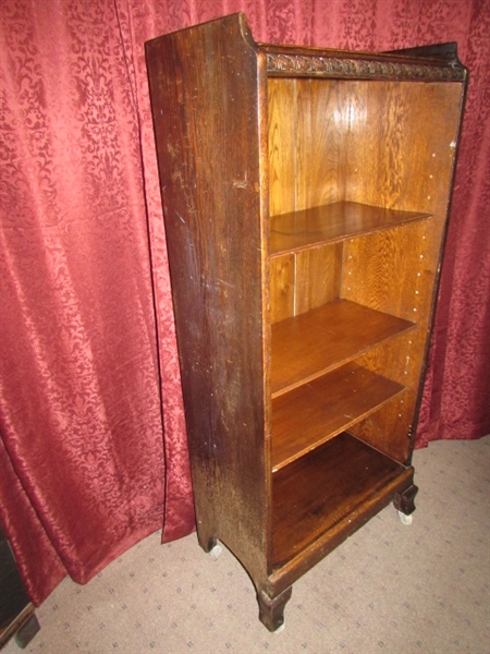 PRETTY ANTIQUE BOOK CASE WITH ADJUSTABLE SHELVES ON WHEELS