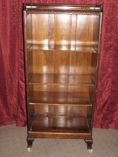 PRETTY ANTIQUE BOOK CASE WITH ADJUSTABLE SHELVES ON WHEELS