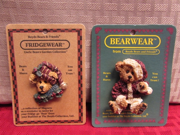 SEVEN COLLECTIBLE BOYD'S BEARS FIGURINES, 3 PINS & A CUTE MAGNET