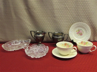 VINTAGE BRILLIANT HOBSTAR NAPPY DISH & NUT DISH, SILVER PLATE CREAMER & SUGAR & 2 TEACUPS WITH SAUCERS