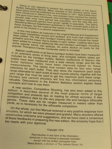 1978 SIERRA BULLETS RELOADING MANUAL SECOND EDITION