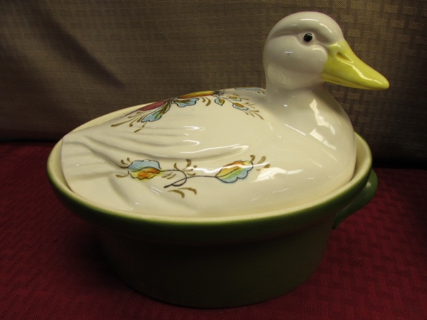 THE MAIN COURSE!  VINTAGE CANDLEWICK GLASS BUTTER DISH, DUCK CASSEROLE DISH, GIBSON DINNER PLATES, STEMWARE & . . . . 